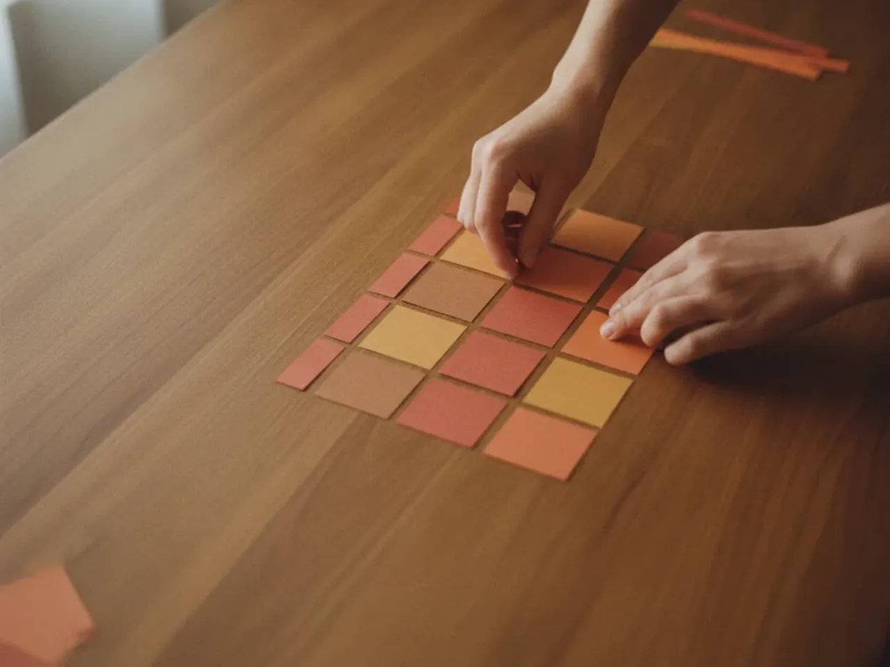 Overhead view of hands laying out terracotta-toned paper rectangles in a grid on a wooden table with natural window light.